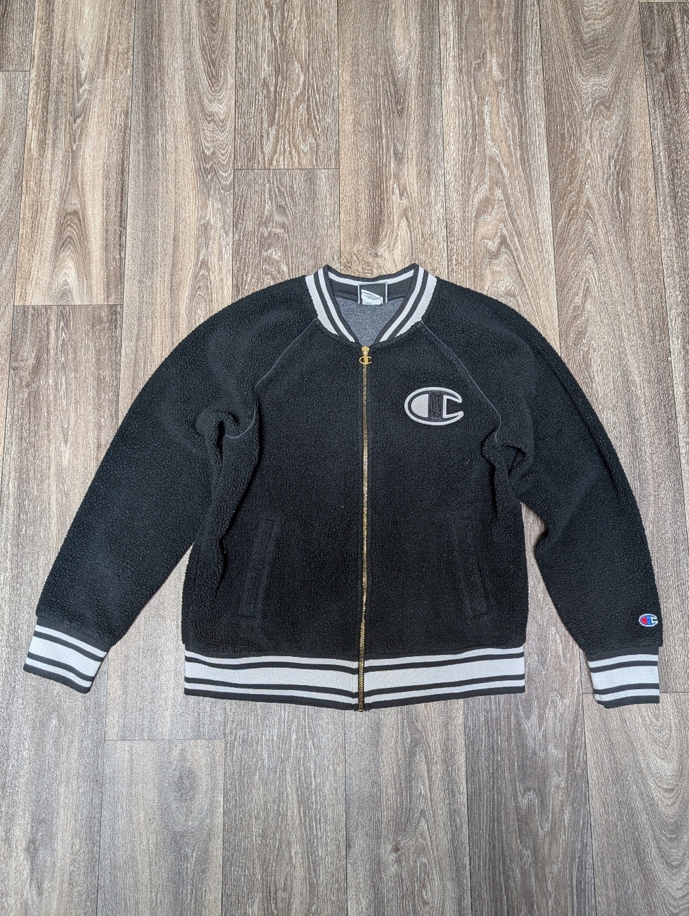 Champion Womens L Sherpa Fleece Full Zip Varsity Jacket Black Patch Spellout